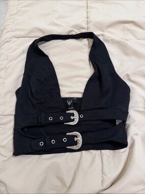Windsor Black Halter Crop Top with Western Buckles